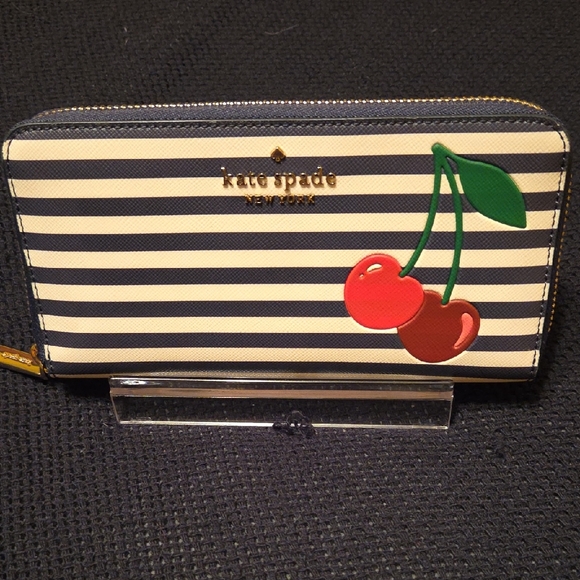 kate spade Handbags - Kate Spade Navy & Cream Striped Wallet with Cherry Accent...like New!